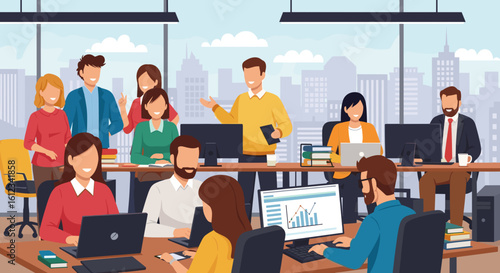 Diverse team of professionals working collaboratively in a modern office, ideal for business presentations and website banners.