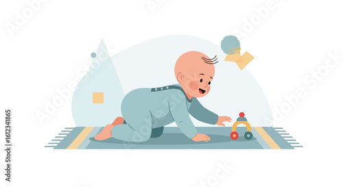Delightful illustration of a baby crawling towards a toy on a soft rug