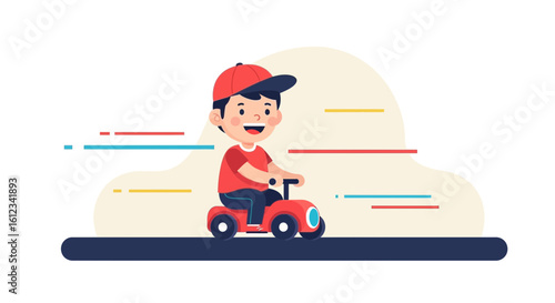Delightful illustration of a cheerful boy riding a toy car with speed lines