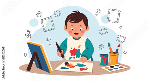 Delightful young artist creating a vibrant masterpiece on canvas with joyful expression illustration