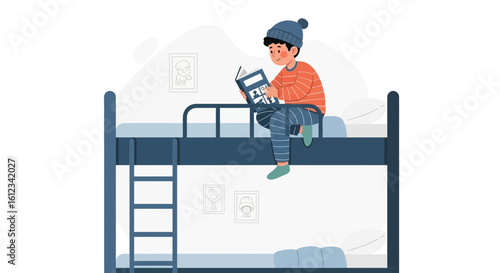 Cozy Reading Time Boy Sitting on Bunk Bed Enjoying a Comic Book