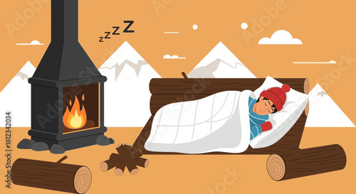 Cozy Winter Cabin Retreat Boy Enjoying Peaceful Sleep Near Fireplace in Mountains