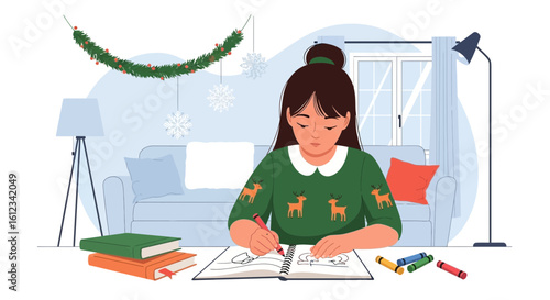 Cozy Winter Creative Activity: Young Woman Drawing Festive Illustrations At Home