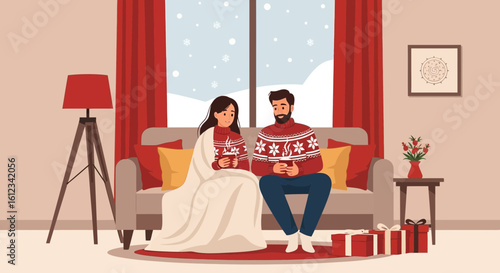 Cozy Winter Evening Couple Enjoying Hot Drinks By The Window At Home