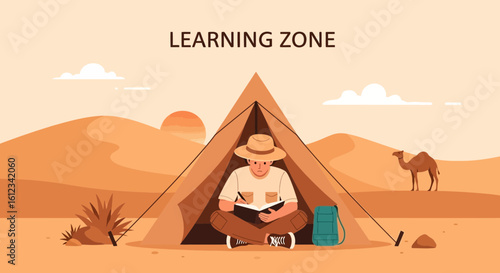 Desert Education Man Learning In Tent Surrounded By Scenery Illustration