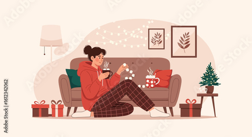 Cozy Winter Evening Enjoying Hot Chocolate at Home Christmas Illustration