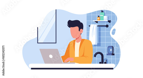 Man working on laptop in modern bathroom, perfect for blog post or website banner.