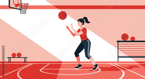 Determined Female Athlete Practicing Basketball Skills In A Modern Indoor Court