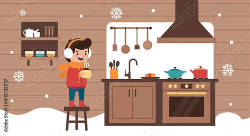 Cozy Winter Morning Featuring Little Boy Enjoying Hot Beverage in Kitchen