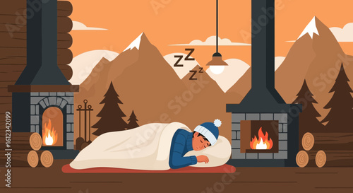 Cozy Winter Nap In Cabin With Mountain View Fireplace And Warm Light