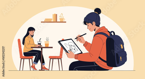 Digital Artist Sketching Portrait While A Friend Enjoying Refreshments In Cafe