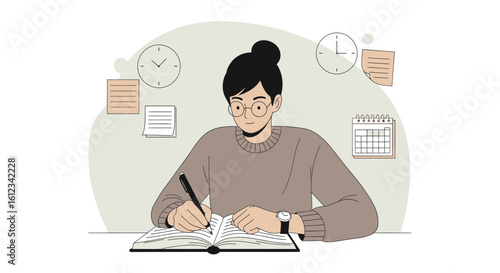 Diligent Female Student Studies With Notebook And Exam Preparation For Test