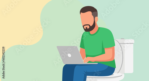 Man working on laptop while sitting on toilet - vector illustration for articles or social media.