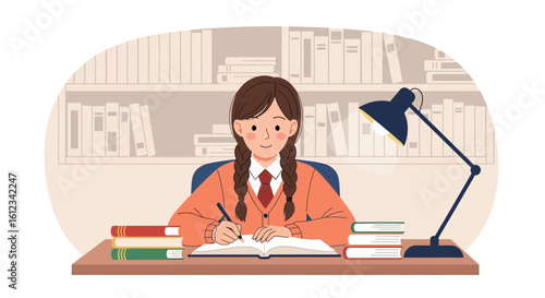 Diligent Student Concentrating on Homework at Her Desk with Bookshelf Behind