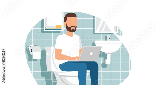 Man working on laptop in bathroom -  illustration for blog, website or social media.