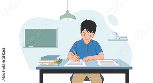 Diligent Student Focused On Homework At His Desk In His Room