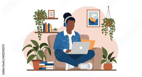 Person working on laptop from home, surrounded by plants. Ideal for blog posts about remote work, wellbeing, or productivity.