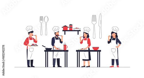 Diverse Group Of Chefs Tasting Cuisine Creation During Culinary Experience