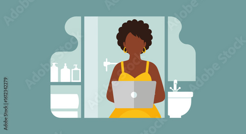 Woman working on laptop in bathroom - modern lifestyle illustration for blog, website, or social media.