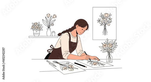 Creative Artist Designing Floral Illustrations In Her Home Studio Space