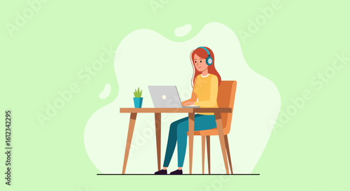 Wallpaper Mural Young woman working from home on laptop, wearing headphones. Perfect for blogs, websites, or social media. Torontodigital.ca