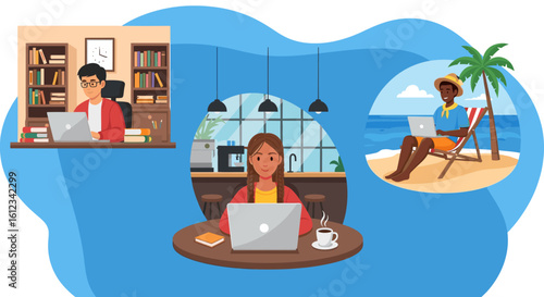 Wallpaper Mural Remote Work Lifestyle: Diverse Professionals Working from Different Locations, Ideal for Blog Post or Website. Torontodigital.ca