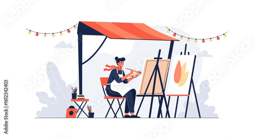 Creative Artist Painting Outdoors Under Awning In the Open Air Workshop