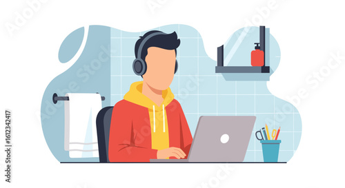 Wallpaper Mural Young man working from home on his laptop, wearing headphones in a bathroom setting. Perfect for blog posts about remote work or flexible workspaces. Torontodigital.ca