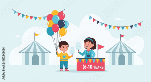 Cheerful Children Having Fun At The Fair With Balloons And Cotton Candy