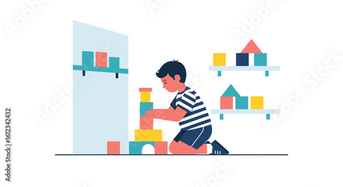 Creative Boy Building A Tower With Colorful Blocks In His Room