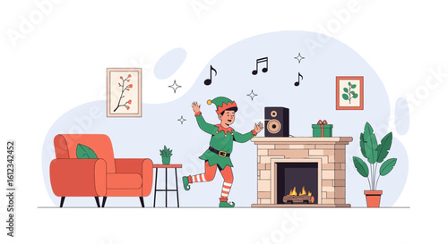 Cheerful Christmas Elf Dances Joyfully to Music at Home During Holiday Season