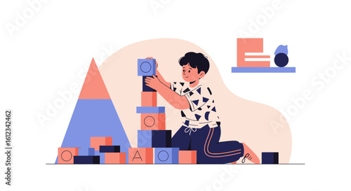 Creative Boy Building a Tower with Colorful Geometric Wooden Blocks at Home