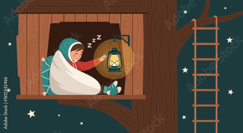 Dreamy Hideaway Little Girl Sleeping in Treehouse Under Starry Sky
