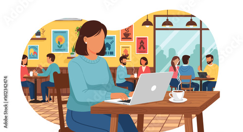 Woman working on laptop in a busy cafe, perfect for illustrating remote work, coworking, or cafe culture.