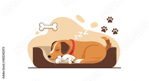Dreamy Dog Resting In Its Bed With Paw Prints And Bone Graphic