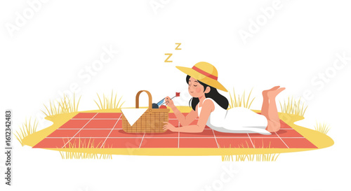 Dreamy Picnic Scene Girl Relaxing in Nature with Wine and Straw Hat