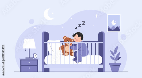 Dreamy Night Scene Young Boy Embracing Teddy Bear Asleep In Crib Illustration