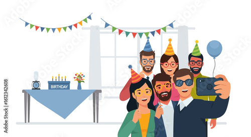 Cheerful Friends Celebrating Birthday Party And Taking Selfie Together