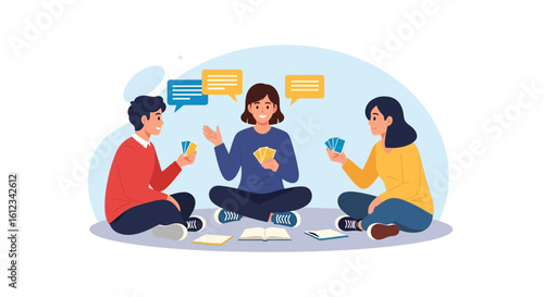 Cheerful Friends Enjoying A Lively Card Game Illustration In Bright Indoor Setting