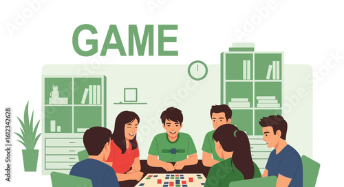 Cheerful Friends Gathered Around Table Enjoying Playful Board Game Evening