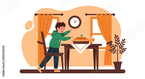 Eager Boy Reaching For Homemade Pie In A Warm Dining Room Setting