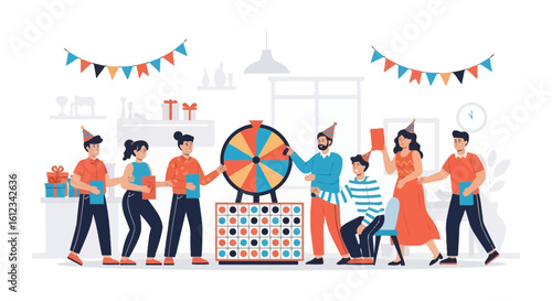 Cheerful Friends Spinning Prize Wheel At A Fun Birthday Party Celebration