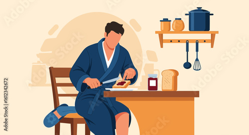 Early Morning Routine Man Spreading Jam on Toast in a Relaxed Kitchen Setting