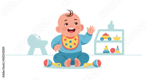 Cheerful Infant Greeting And Playing With Rattles While Sitting On The Floor
