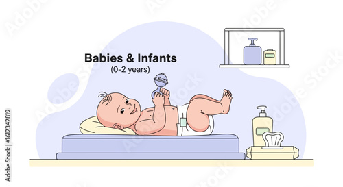 Cheerful Infant Playing with Rattle on Changing Table Illustrative Style