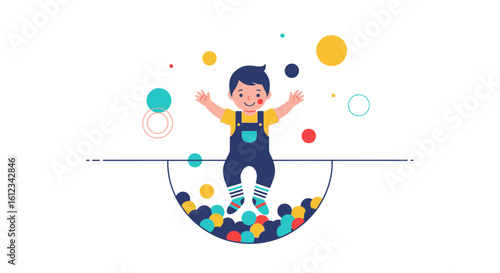 Cheerful Kid Playing And Jumping In A Colorful Ball Pit Playground