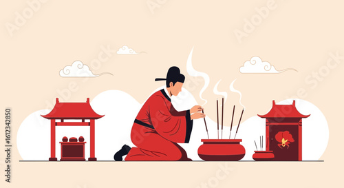 Elegant Asian Religious Ritual Illustration With Incense And Traditional Attire