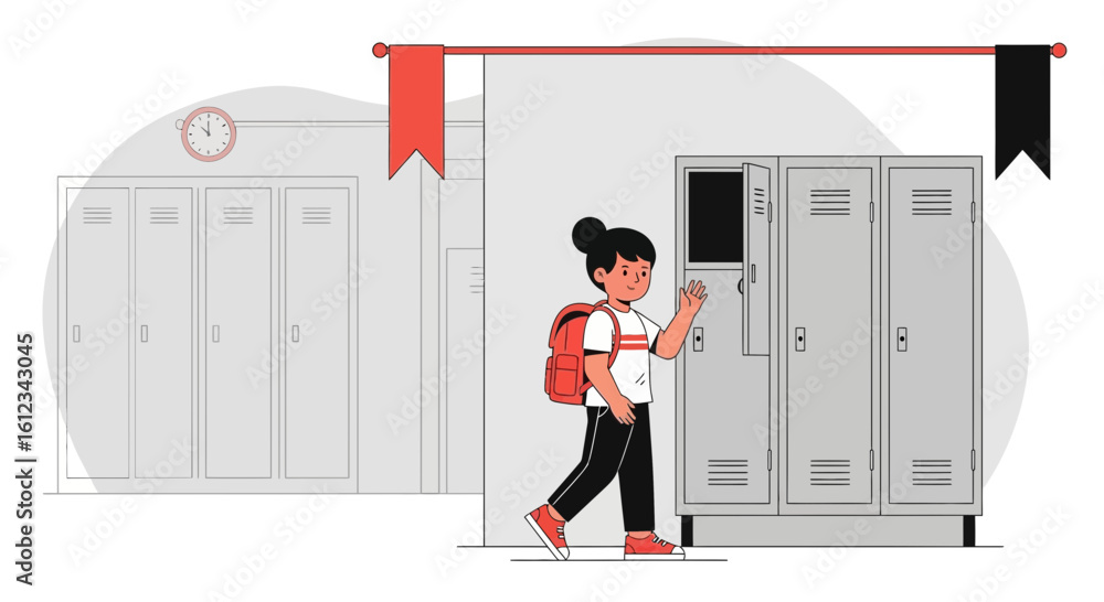 Fototapeta premium Cheerful Student Waving In School Hallway With Lockers And Backpack Illustration