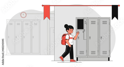 Cheerful Student Waving In School Hallway With Lockers And Backpack Illustration
