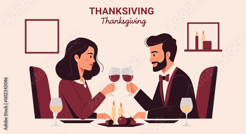 Elegant Couple Celebrating Thanksgiving Dinner With Wine and Candles